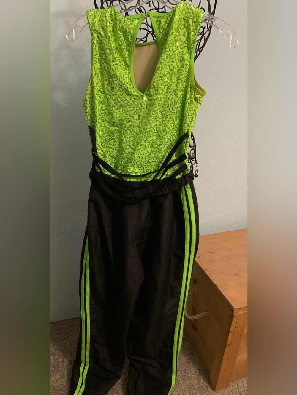 Weissman Neon Green Sequin Top with Black Track Pants